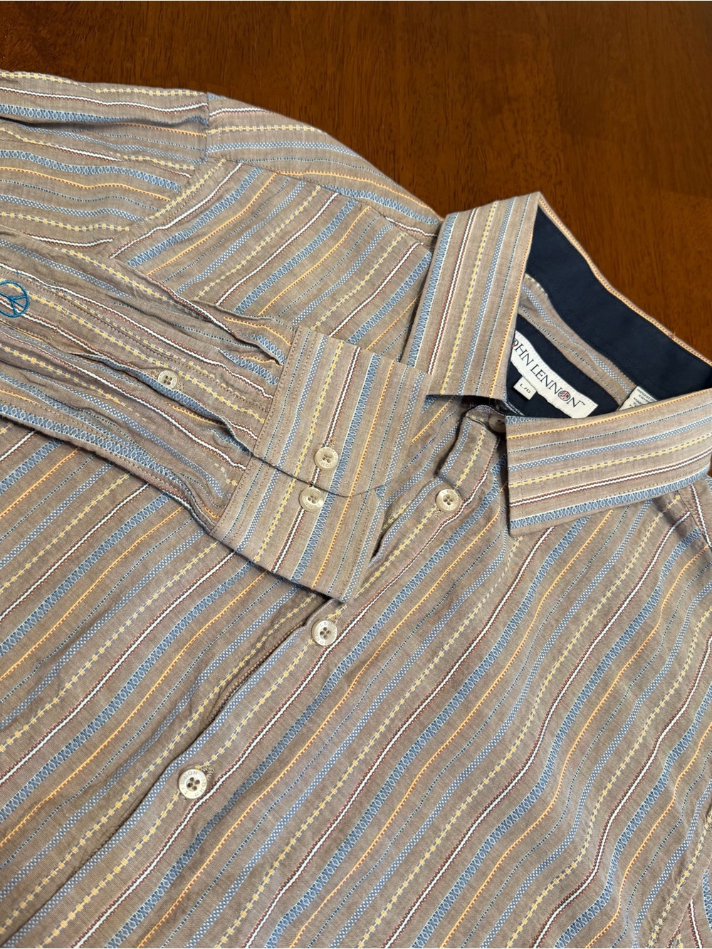 John Lennon Button Down Shirt Mens Large Embroidered Striped Long Sleeve Cotton